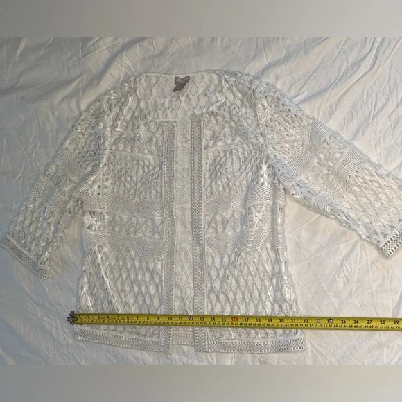 Chico’s Travelers White Open Knit Cardigan Sheer Crochet 3/4 Sleeve Jacket 4/6P - Picture 9 of 11